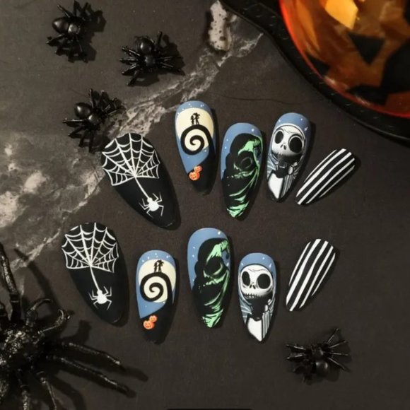 🎃 NEW Nightmare Before Christmas JACK Halloween Matte Almond Oval Medium Nails - Picture 2 of 5